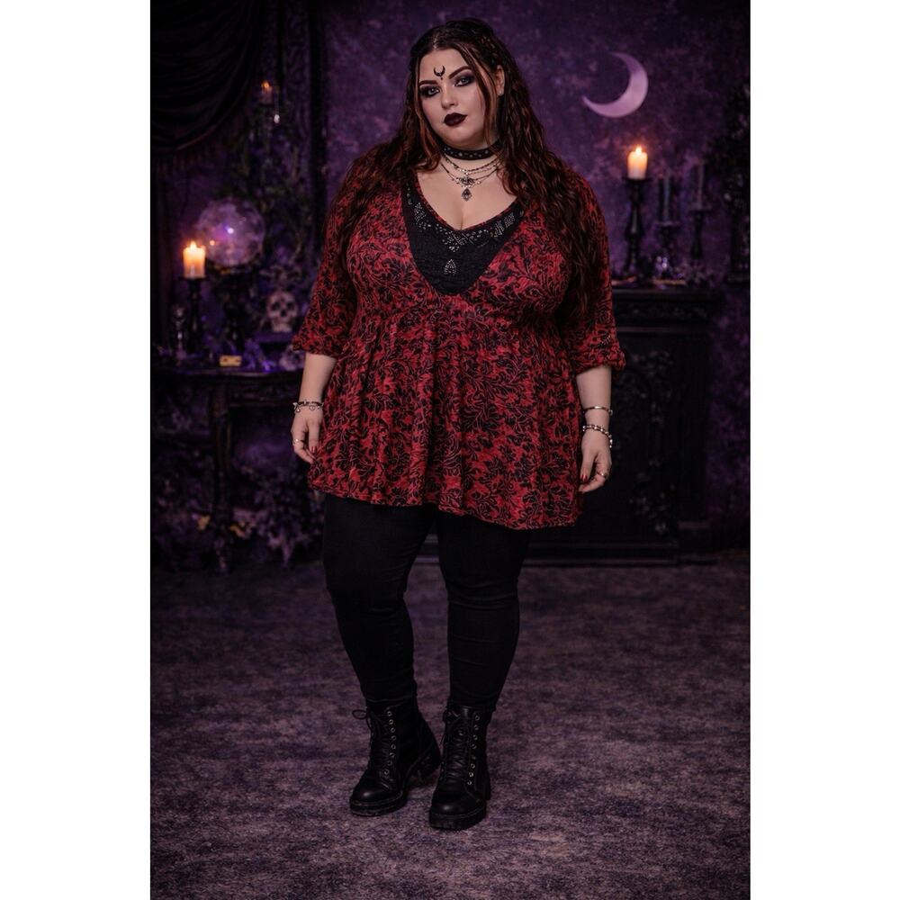 Y2K Shirt Women 18/20 Black Red Whimsigoth Fairy Goth Asymmetrical Hem Stretch